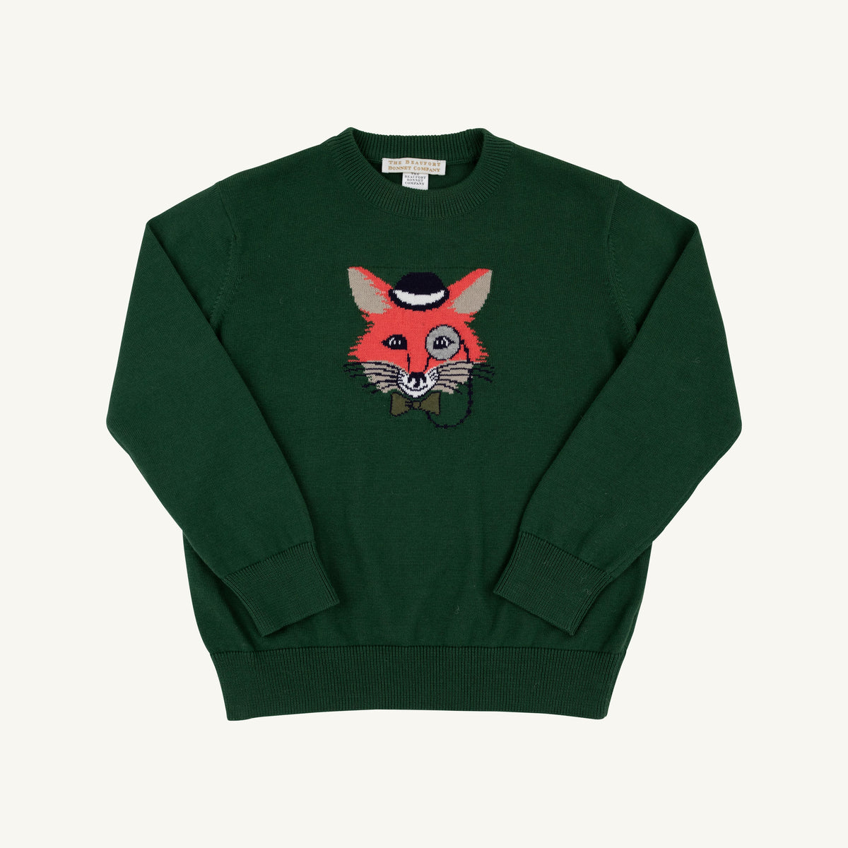 Green fox Isaac's Intarsia Sweater by The Beaufort Bonnet Company featuring a detailed fox motif on a cozy knit sweater.