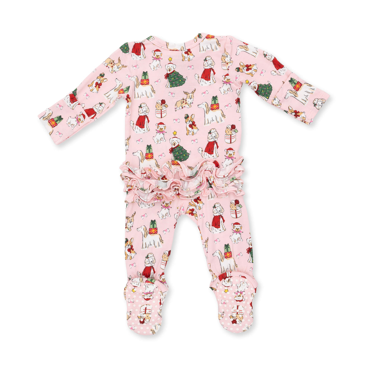 Pink Christmas Dogs Two Way Ruffle Back Zipper Footie