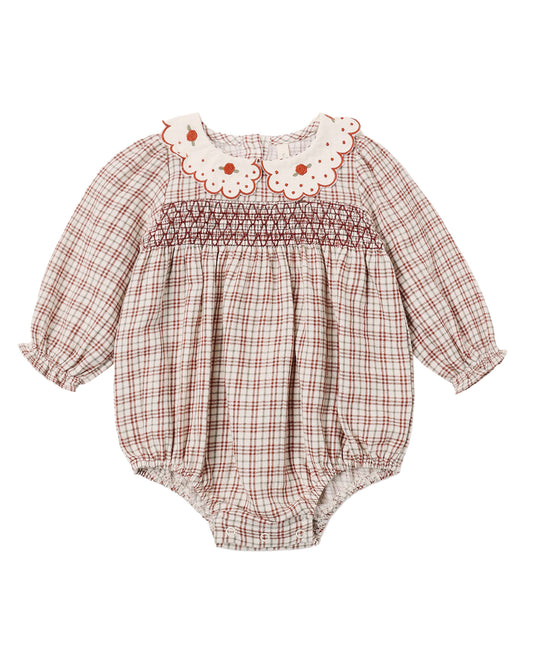 Quincy Mae Christmas plaid Callie romper for babies, featuring red and green tartan pattern, soft cotton fabric, and cozy fit.