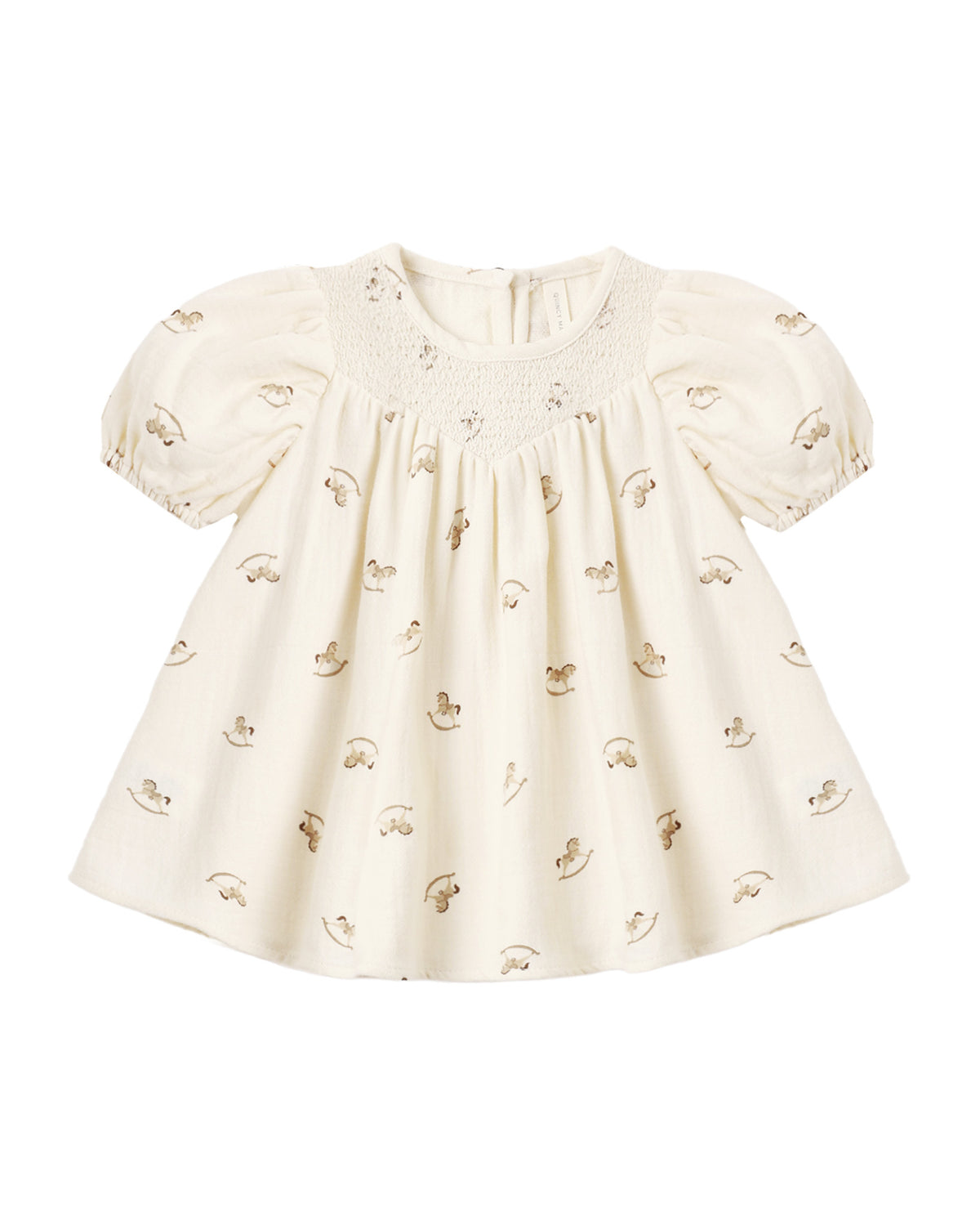 Quincy Mae Carina Dress for girls featuring a charming rocking horse pattern on soft, comfortable fabric.