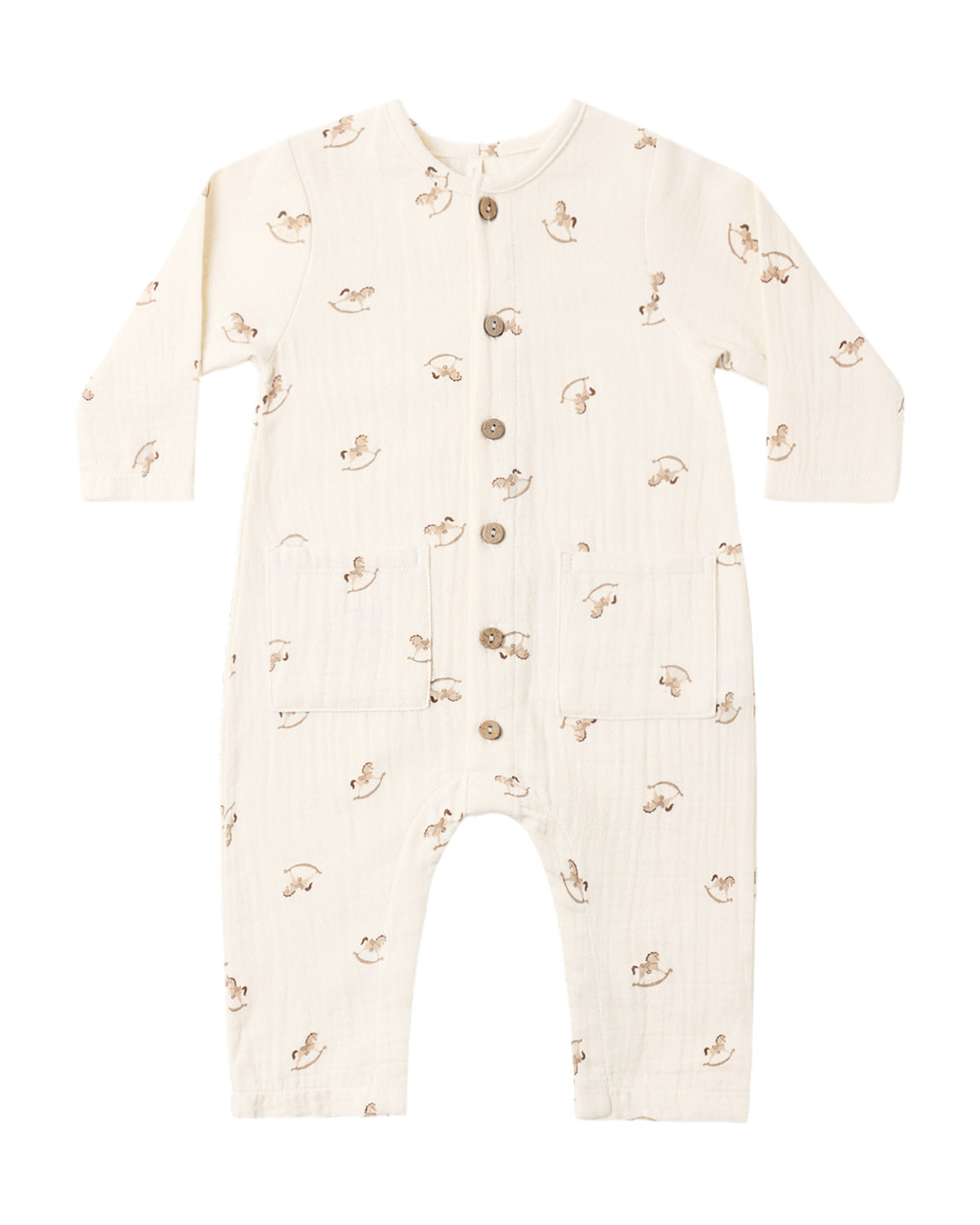 Quincy Mae rocking horse pocketed woven jumpsuit displayed on a hanger, featuring a playful design and soft fabric for children.
