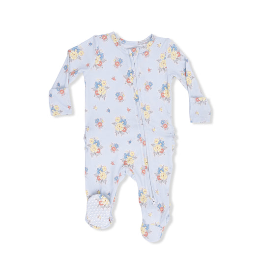 Angel Dear Country Stitch Floral 2-Way Ruffle Back Zipper Footie, soft baby onesie with floral print and ruffle details.
