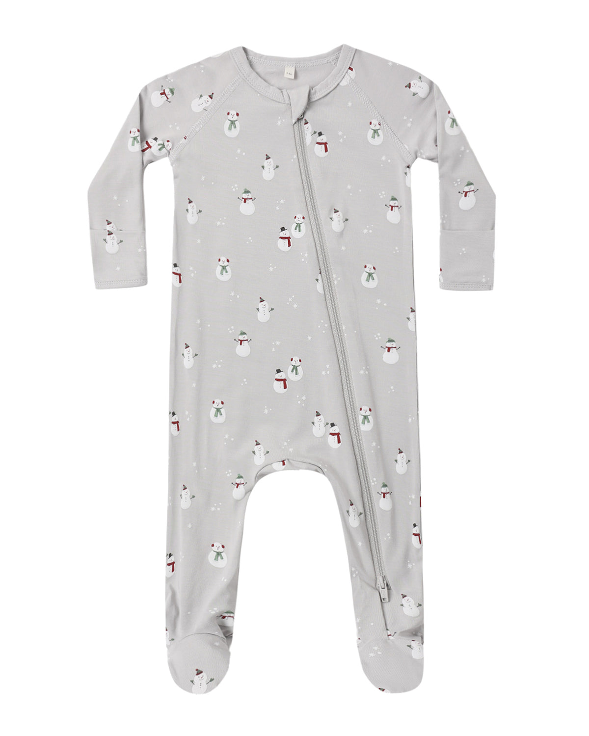 Quincy Mae Snowman Bamboo Zip Footie for babies, featuring a cozy snowman print and full-length zipper for easy dressing.