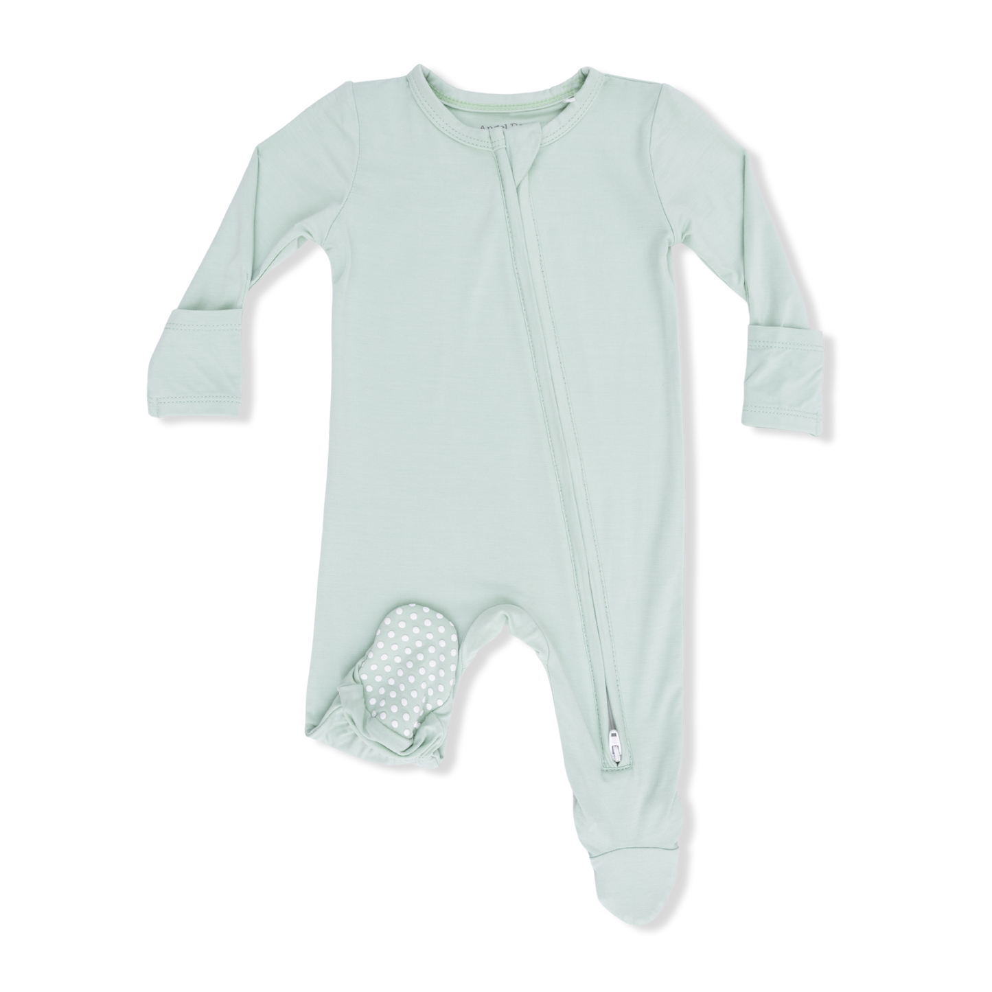 Angel Dear Solid Cameo Green 2-Way Zipper Footie for babies, featuring soft fabric and convenient zipper closure.