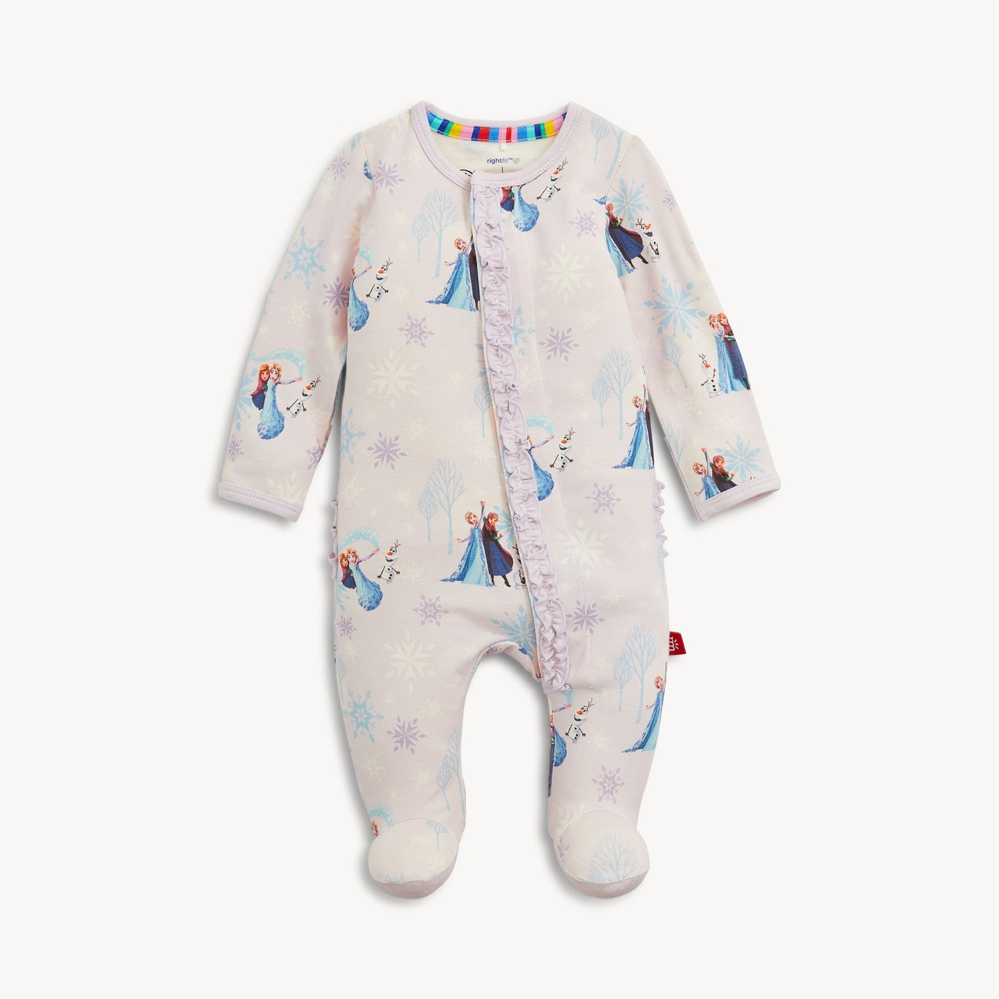 Frozen Right Fit Ruffle Footie by Magnetic Me, soft fabric with ruffle details, designed for comfortable baby wear.