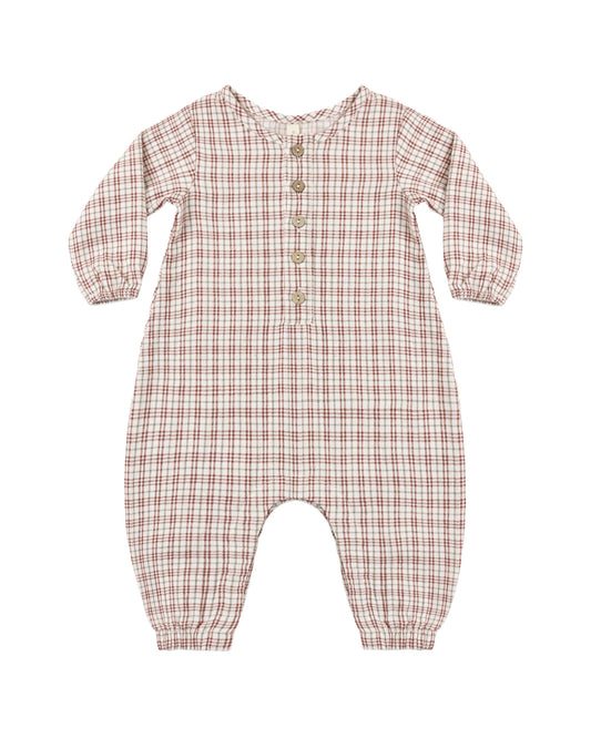 Quincy Mae Christmas plaid woven jumpsuit for children, featuring festive red and green tartan pattern, soft fabric, and comfortable fit.