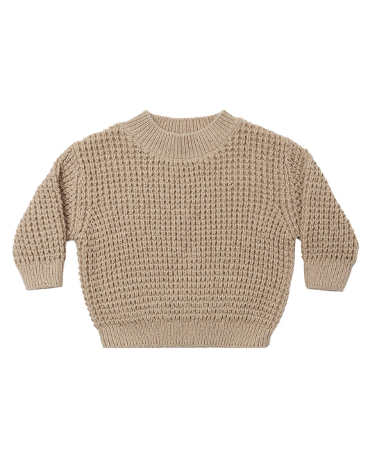 Heathered latte Quincy Mae chunky knit sweater featuring a cozy, textured design and long sleeves on a neutral background.