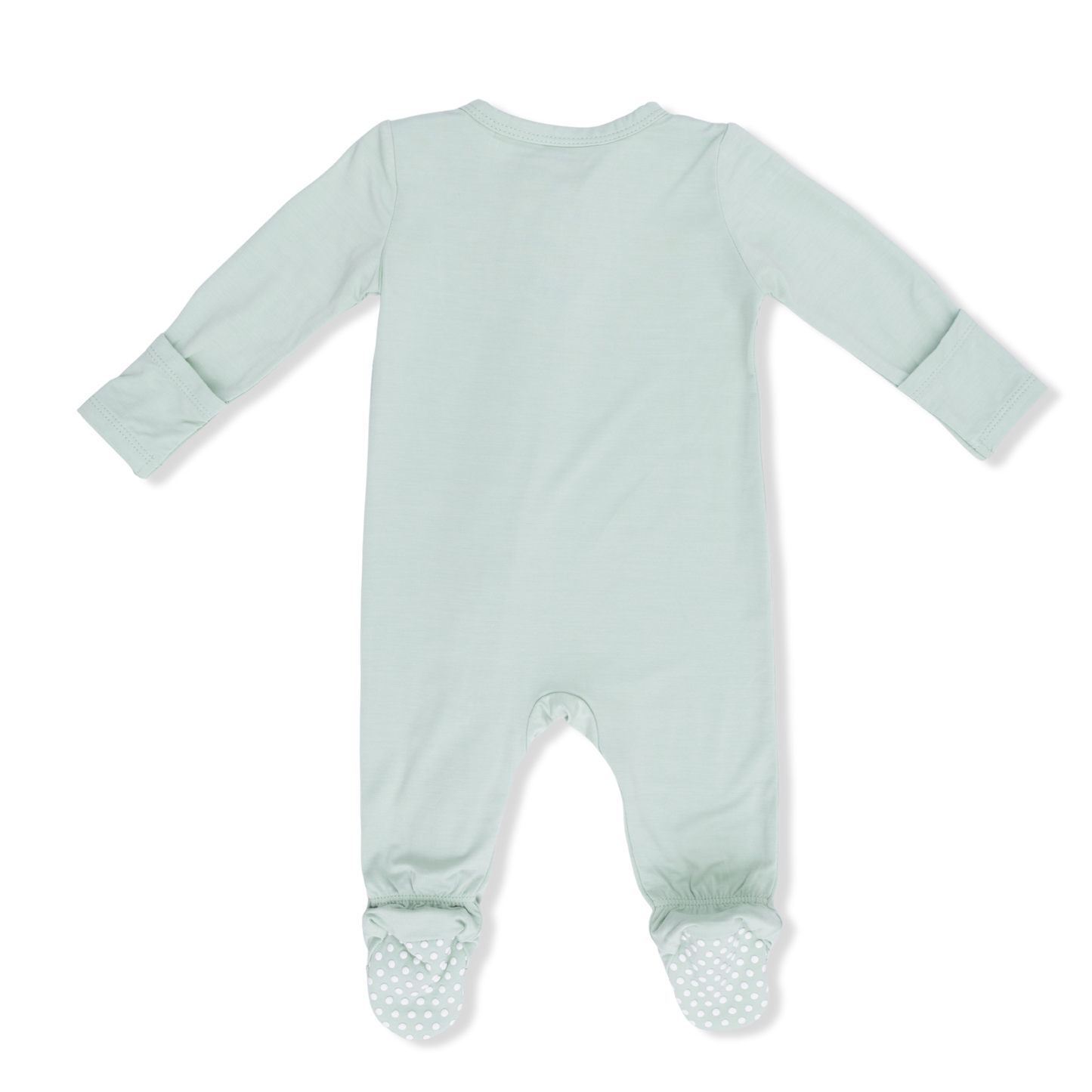 Angel Dear solid cameo green 2-way zipper footie for babies, featuring a soft, cozy one-piece design with front zipper closure.
