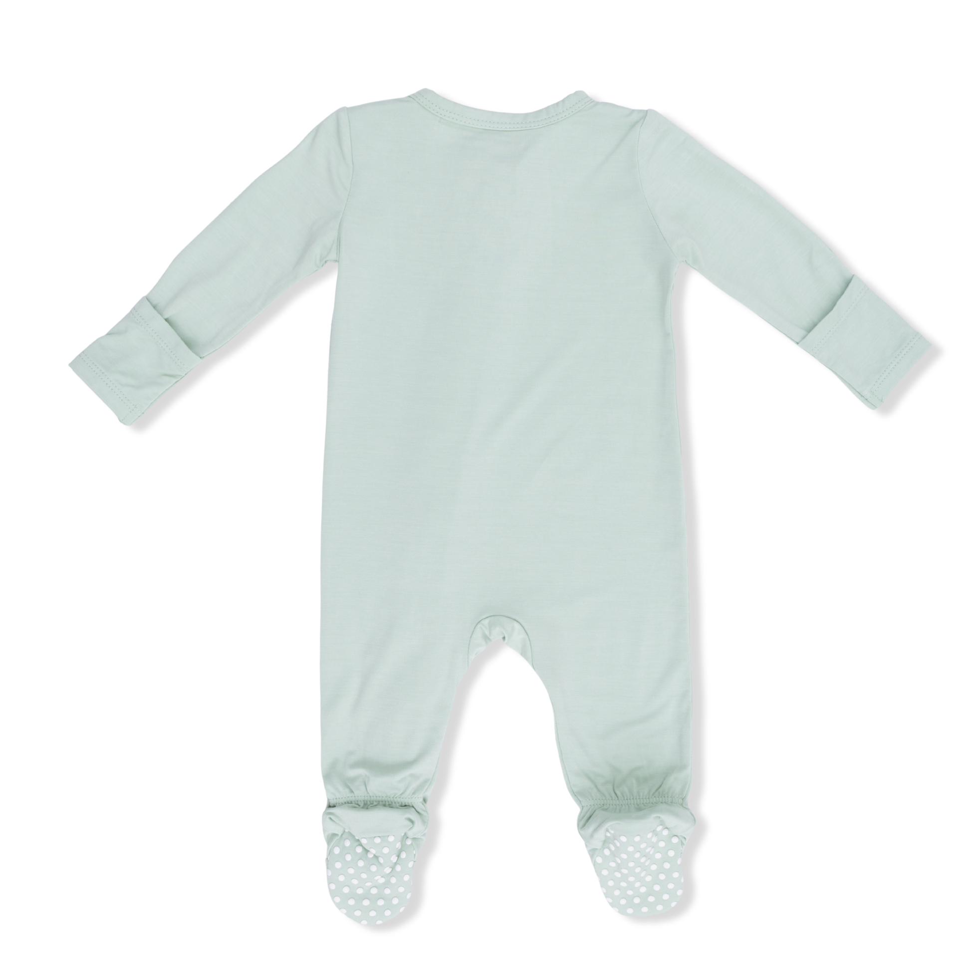 Angel Dear solid cameo green 2-way zipper footie for babies, featuring a soft, cozy one-piece design with front zipper closure.