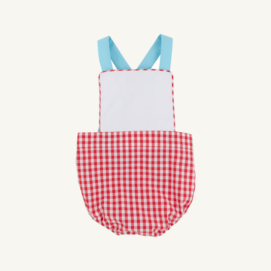 Richmond Red Gingham and Worth Ave White Sayre Sunsuit for babies, featuring a classic gingham pattern and adorable sun protection design.