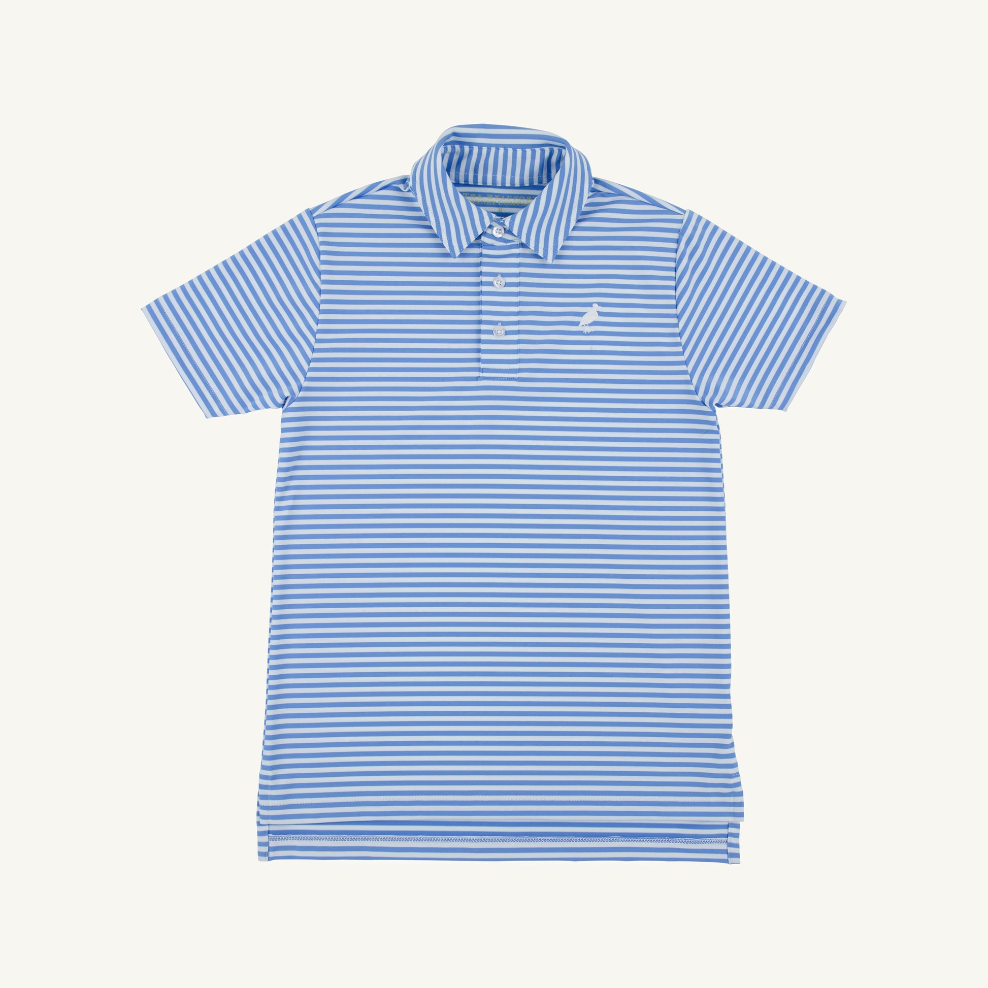 The Beaufort Bonnet Company Prim and Proper Polo featuring Sunrise Blvd blue stripe and Worth Ave white PrepleticTM fabric.