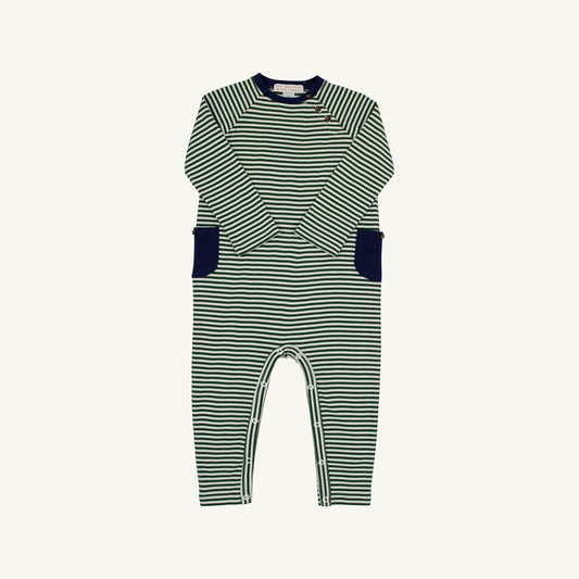 Grier Green and Palmetto Pearl Stripe Rayburn Romper by The Beaufort Bonnet Company, featuring a stylish striped design for babies.