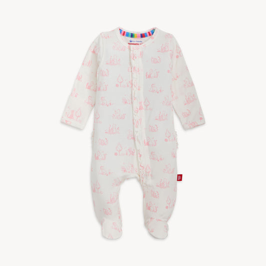 Magnetic Me Sweeter Than Honey magnetic footie for babies with ruffle detail, featuring cute animal print and soft fabric.