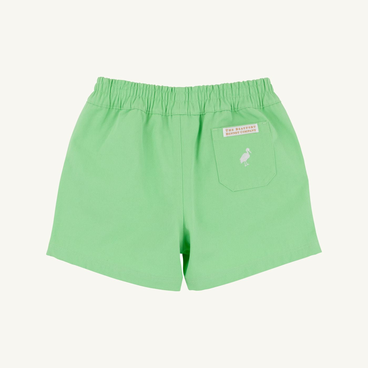 The Beaufort Bonnet Company Lexington Lime and Saratoga Stone Sheffield Twill Shorts for kids, showing the stylish twill fabric and color details.