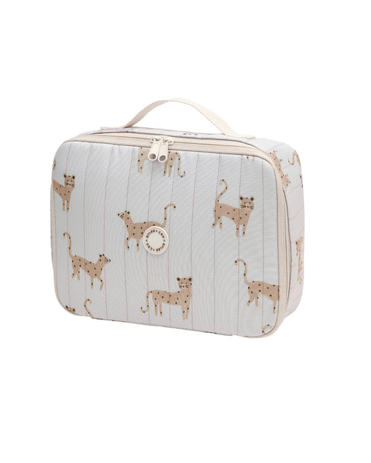 Leopard print Rylee & Cru lunch bag with insulated interior and adjustable strap, perfect for kids' school meals.