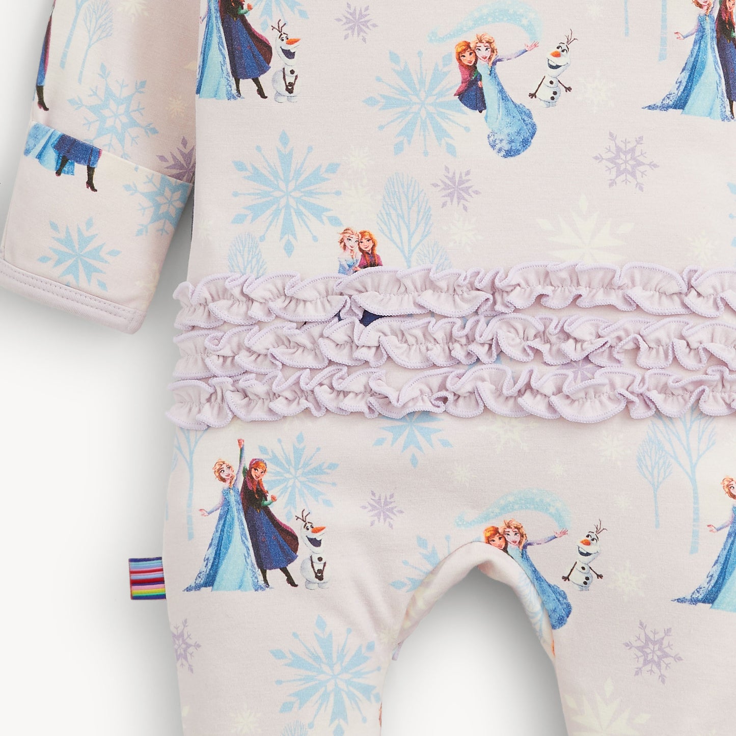 Frozen right fit ruffle footie by Magnetic Me, featuring a cute Frozen-themed design with ruffles for baby girl comfort and style.