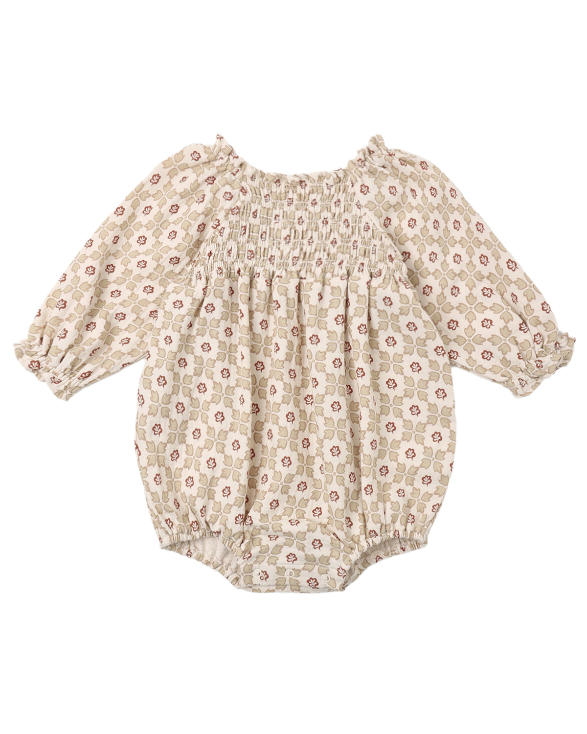 Quincy Mae Winter Rose Eden romper for infants, soft fabric with floral print, featuring long sleeves and snap closures.
