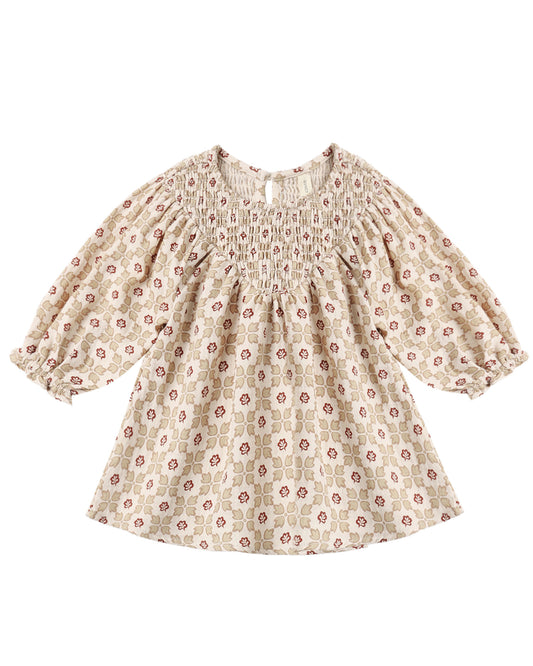 Quincy Mae Winter Rose V Smocked Dress for girls, featuring a cozy floral print and smocked bodice, perfect for winter wear.