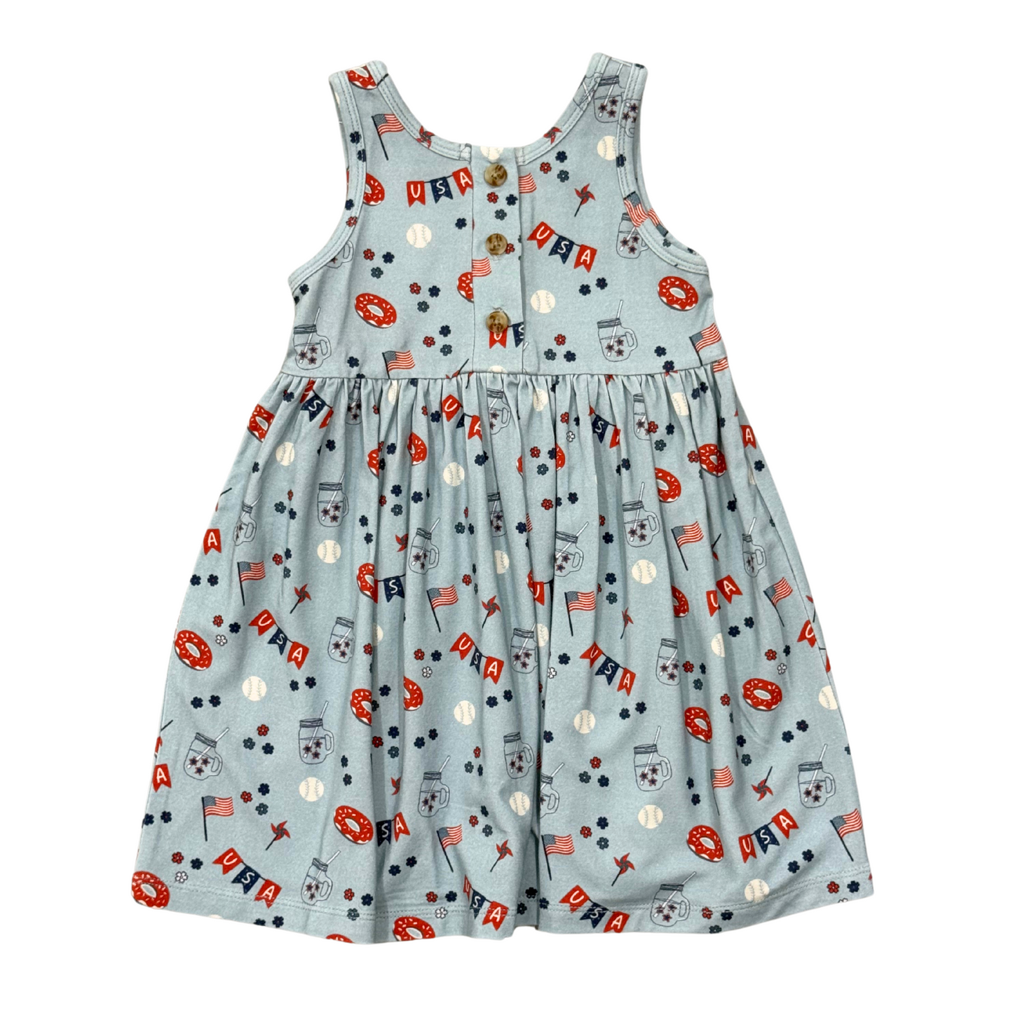 Babysprouts Summer USA Henley Tank Dress for girls, sleeveless cotton dress with patriotic USA print and henley neckline.