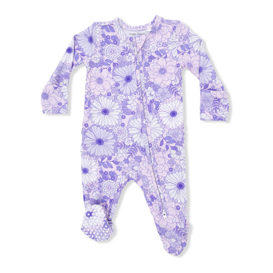 Lacy lavender floral 2-way ruffle back zipper footie by Angel Dear, featuring soft fabric and delicate floral lace details.