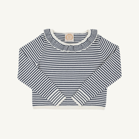 Nantucket navy and palmetto pearl stripe Reece ruffle sweater by The Beaufort Bonnet Company, featuring a soft knitted fabric with ruffle details.
