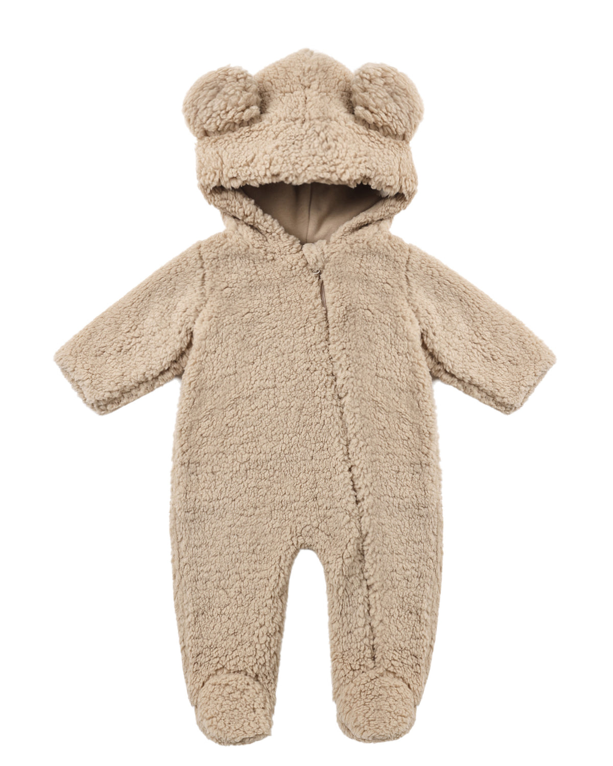 Quincy Mae Latte Bear jumpsuit for babies, soft beige fabric with bear print, cozy and stylish one-piece for little ones.