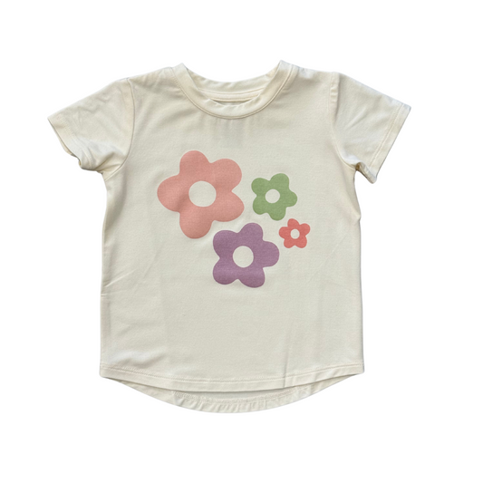 Babysprouts Summer Blooms girls short sleeve tee with colorful floral print on white cotton fabric.