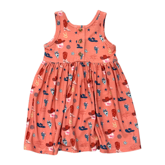 American Cowgirl Henley Tank Dress by Babysprouts featuring a sleeveless design with a henley neckline and western-inspired print.