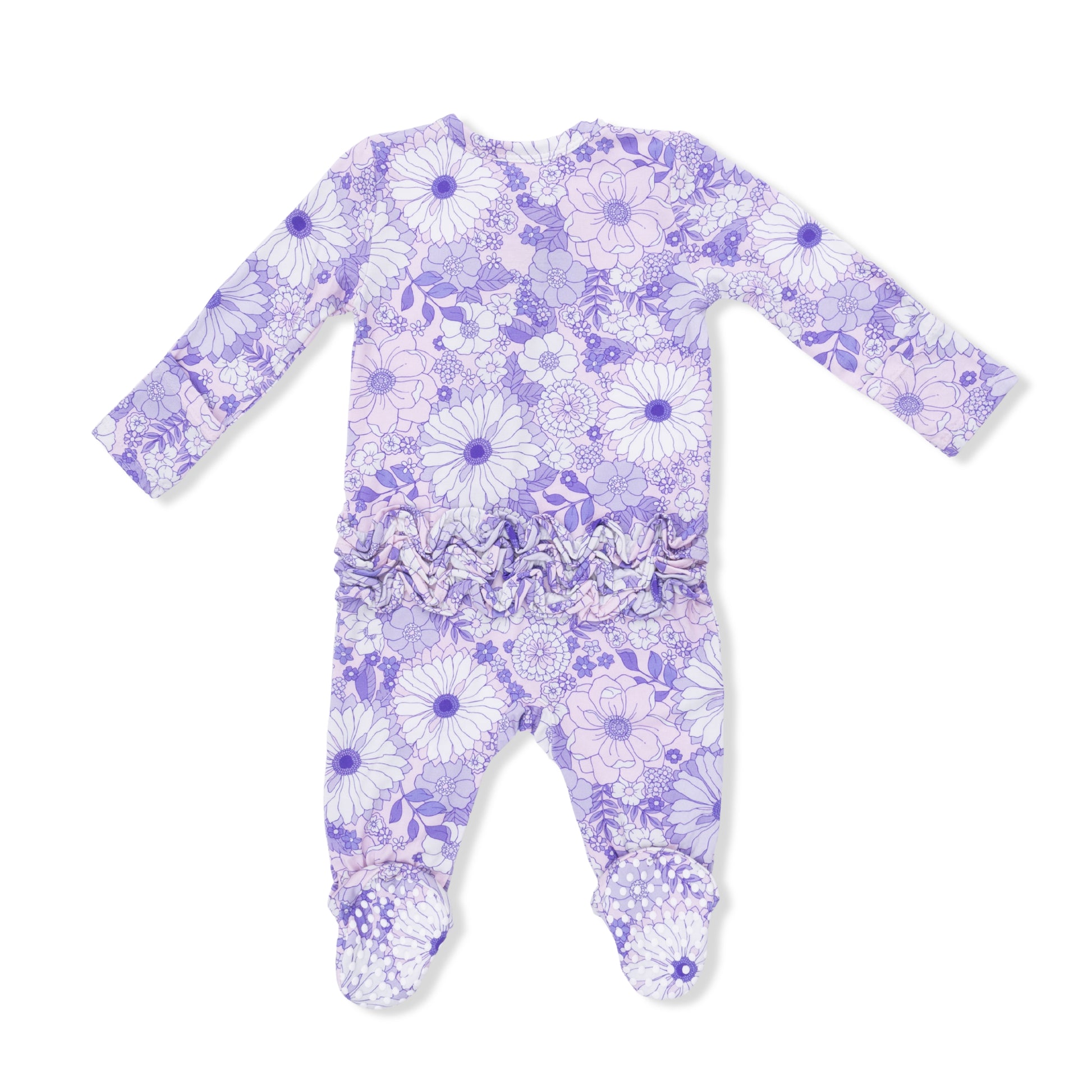 Angel Dear lavender floral lacy footie with ruffle back and zipper closure, featuring a delicate floral pattern and soft fabric.