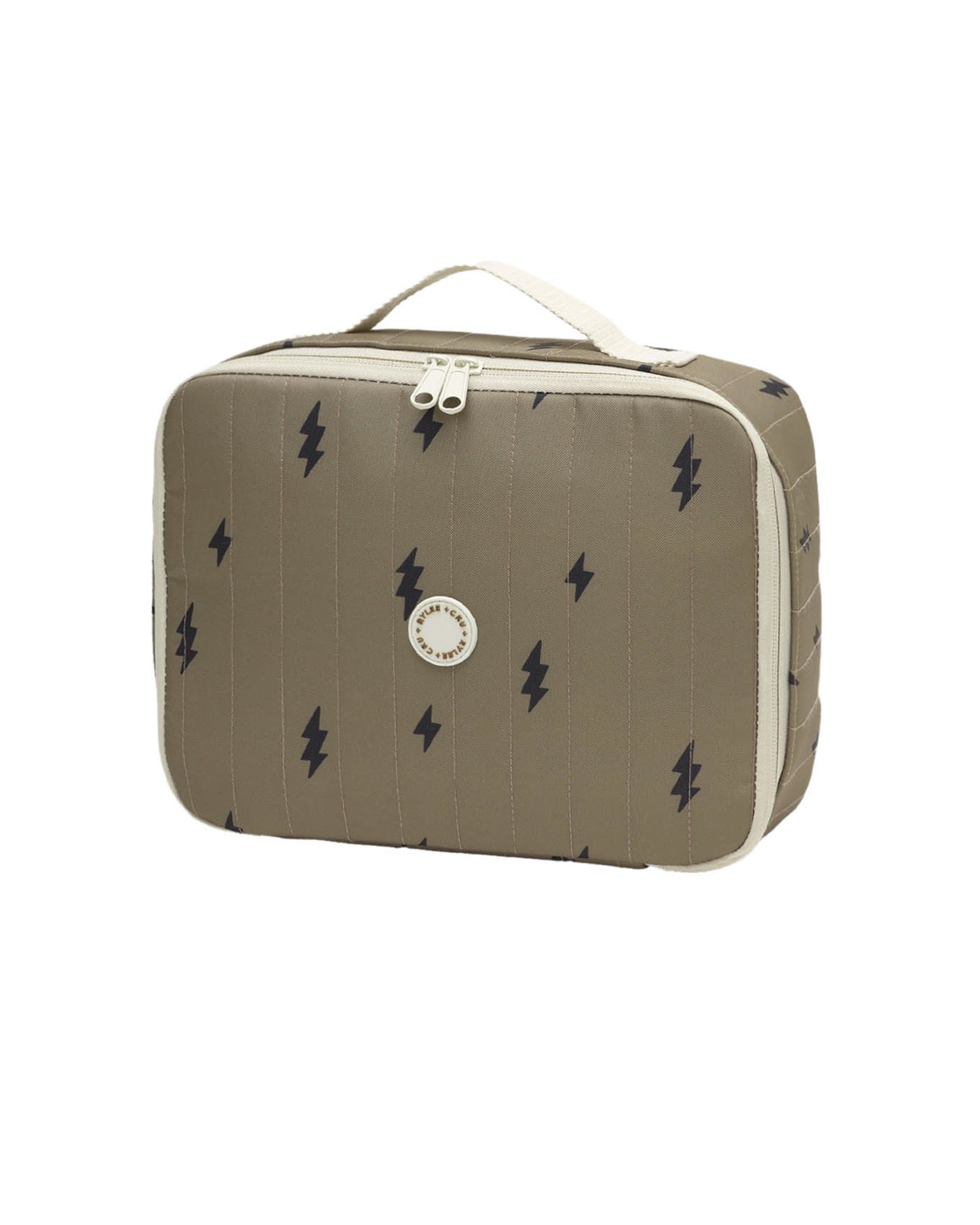 Rylee & Cru Bolts Lunch Bag with colorful bolt pattern, insulated fabric, and adjustable strap for kids' lunch storage.
