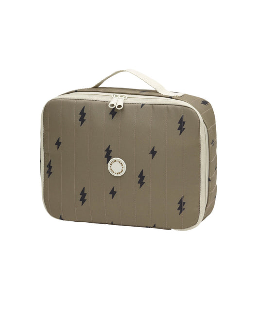 Rylee & Cru Bolts Lunch Bag with colorful bolt pattern, insulated fabric, and adjustable strap for kids' lunch storage.