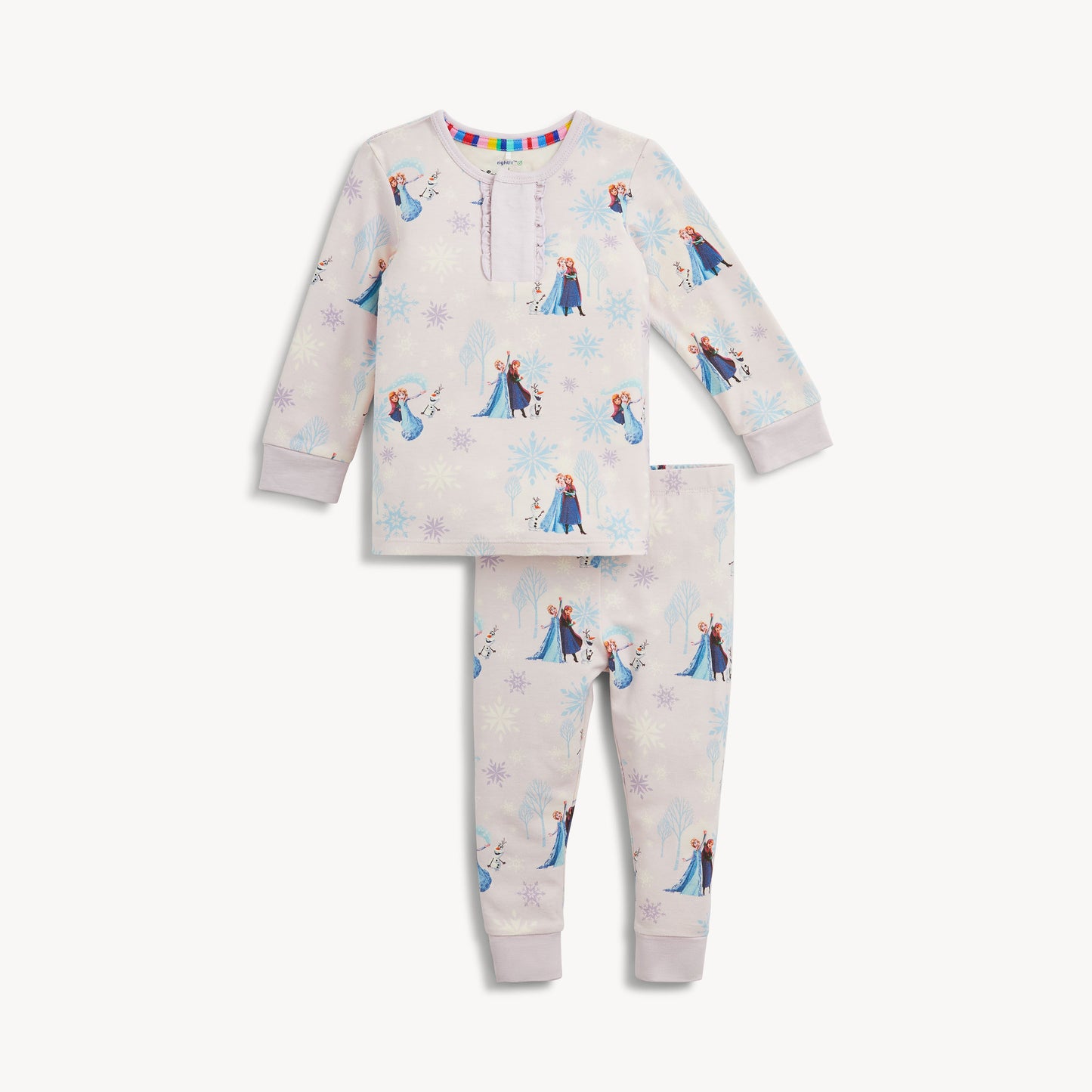 Frozen-themed Magnetic Me right fit long-sleeve pajama set for children, featuring colorful icy design and soft fabric.