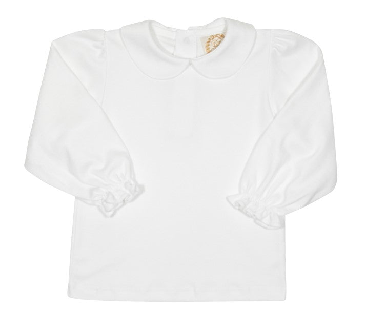 White Maude's Peter Pan Collar Shirt by The Beaufort Bonnet Company, featuring a classic collar and long sleeves for girls.