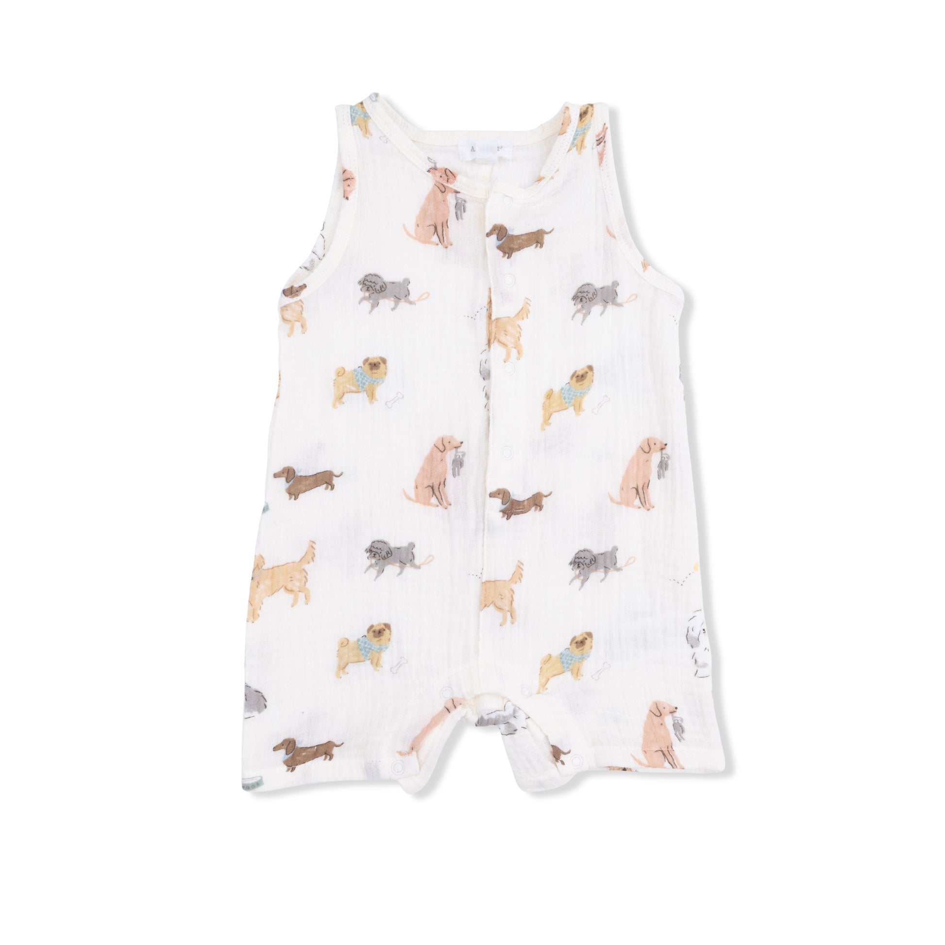 Angel Dear Awesome Dogs sleeveless shortie romper for babies, featuring a playful dog print and soft, breathable fabric.