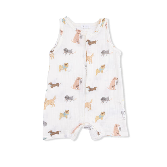 Angel Dear Awesome Dogs sleeveless shortie romper for babies, featuring a playful dog print and soft, breathable fabric.