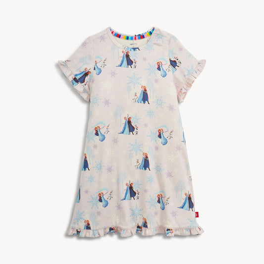 Frozen-themed Magnetic Me right fit ruffle nightgown with icy blue fabric and ruffled neckline, designed for comfort and style.