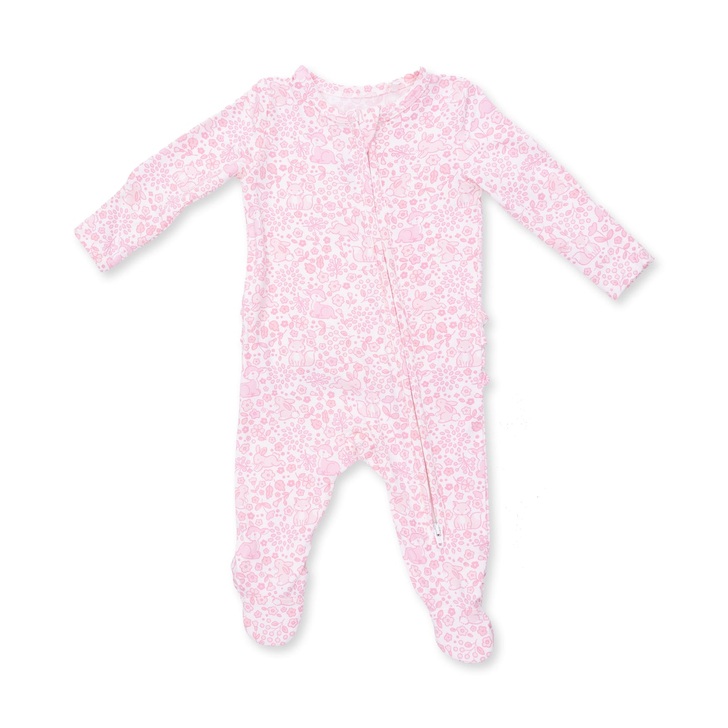Baby Woodland Ruffle Zip Footie by Angel Dear, soft fabric with woodland print and ruffle details for cozy, adorable baby wear.