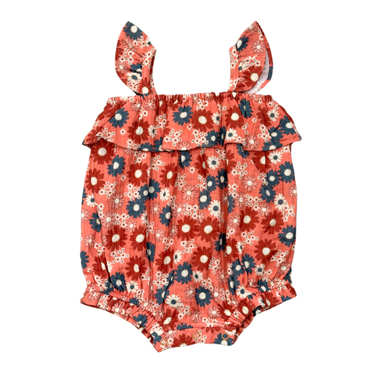 Babysprouts Zoey Daisy Gauze Bubble Romper featuring a soft, breathable fabric with a daisy print and bubble design for infants.