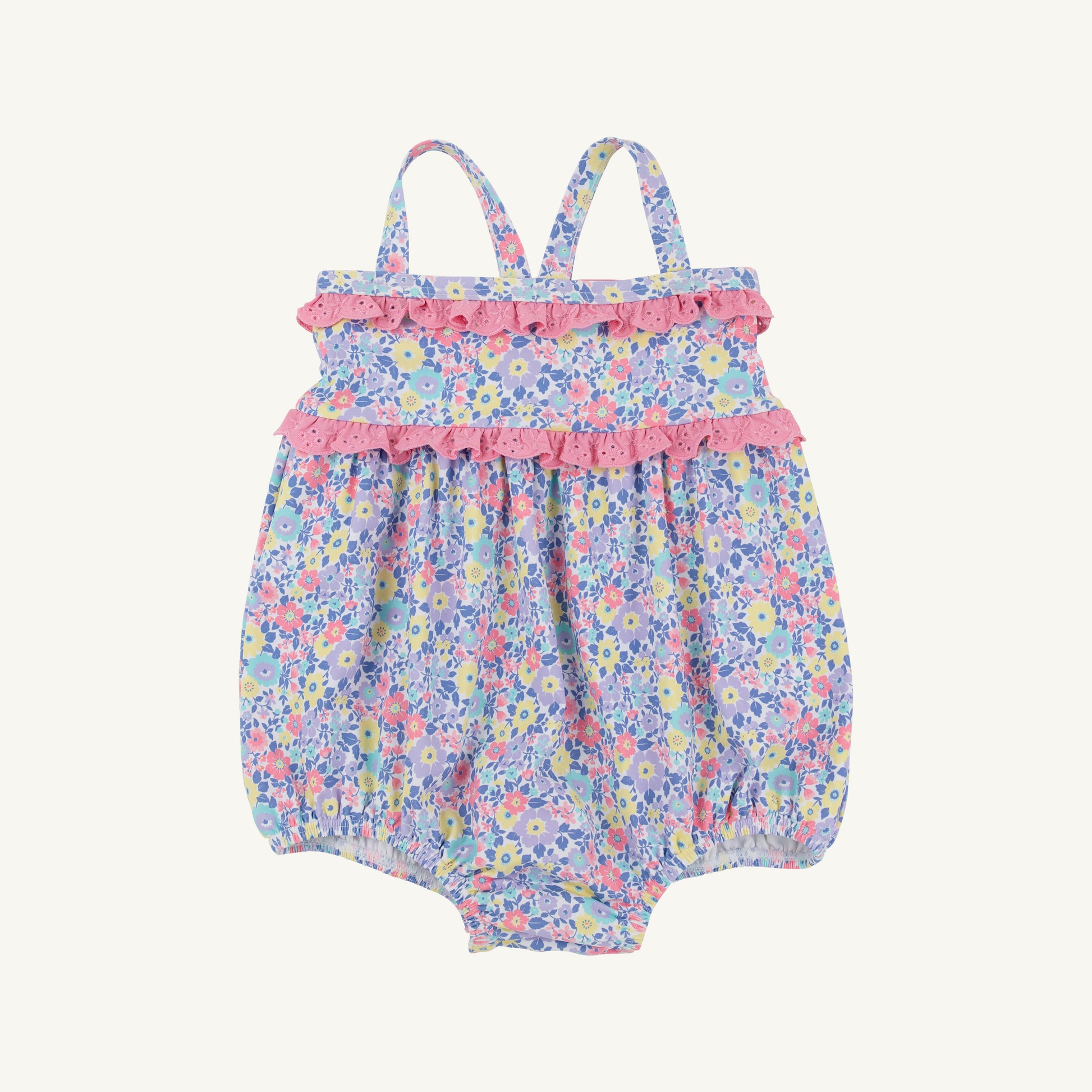 Pink St. Bart's bubble bathing suit for pets featuring Briar Patch Petals design by The Beaufort Bonnet Company.