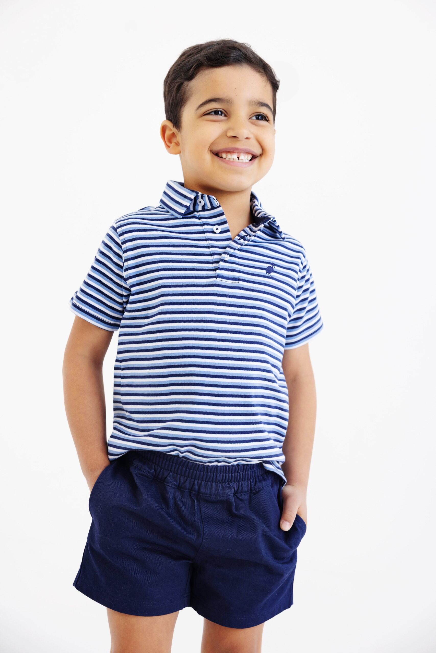 Prim and Proper Polo by The Beaufort Bonnet Company featuring Barbados Blue and Nantucket Navy stripes on soft fabric.