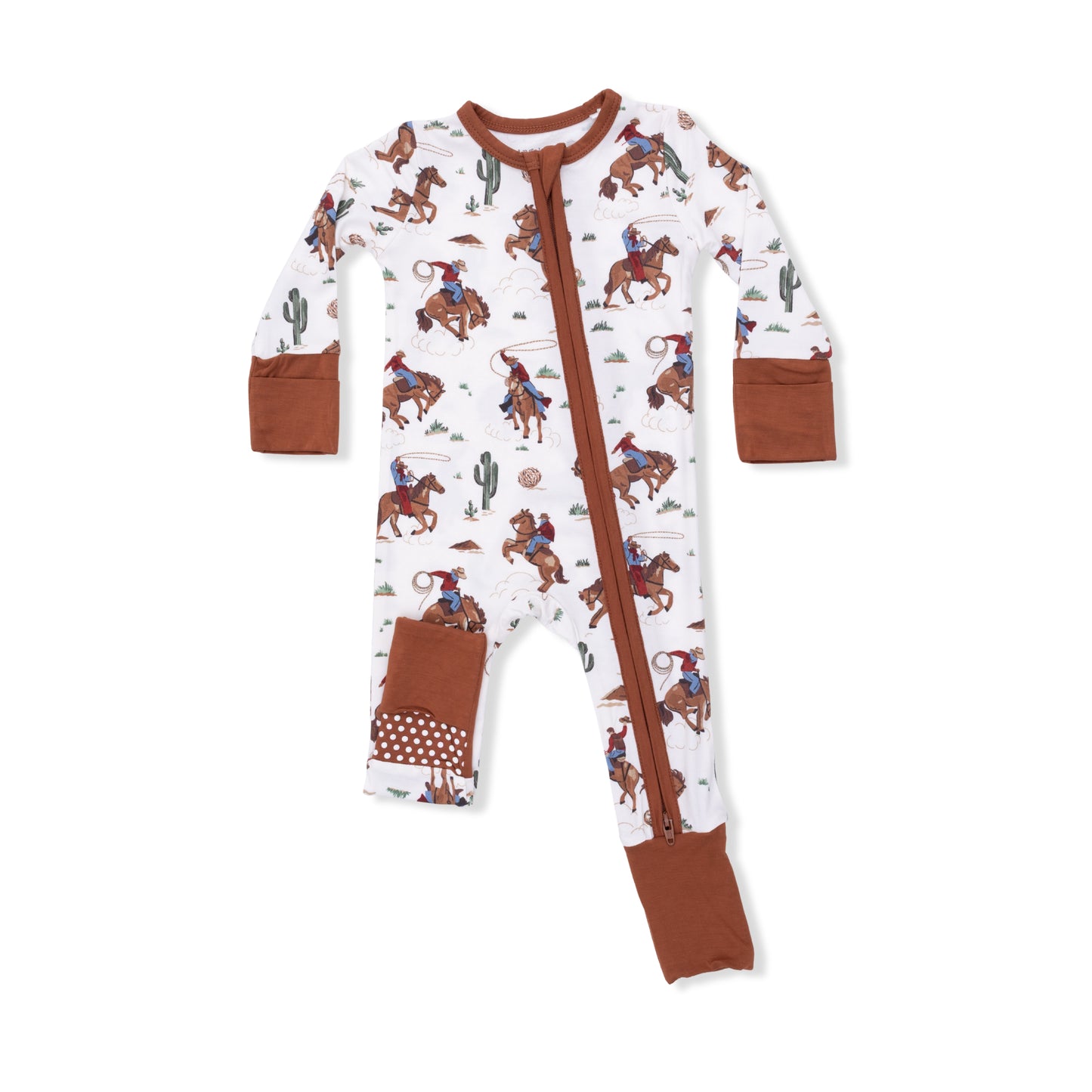 Baby onesie with cowboy print on a white background