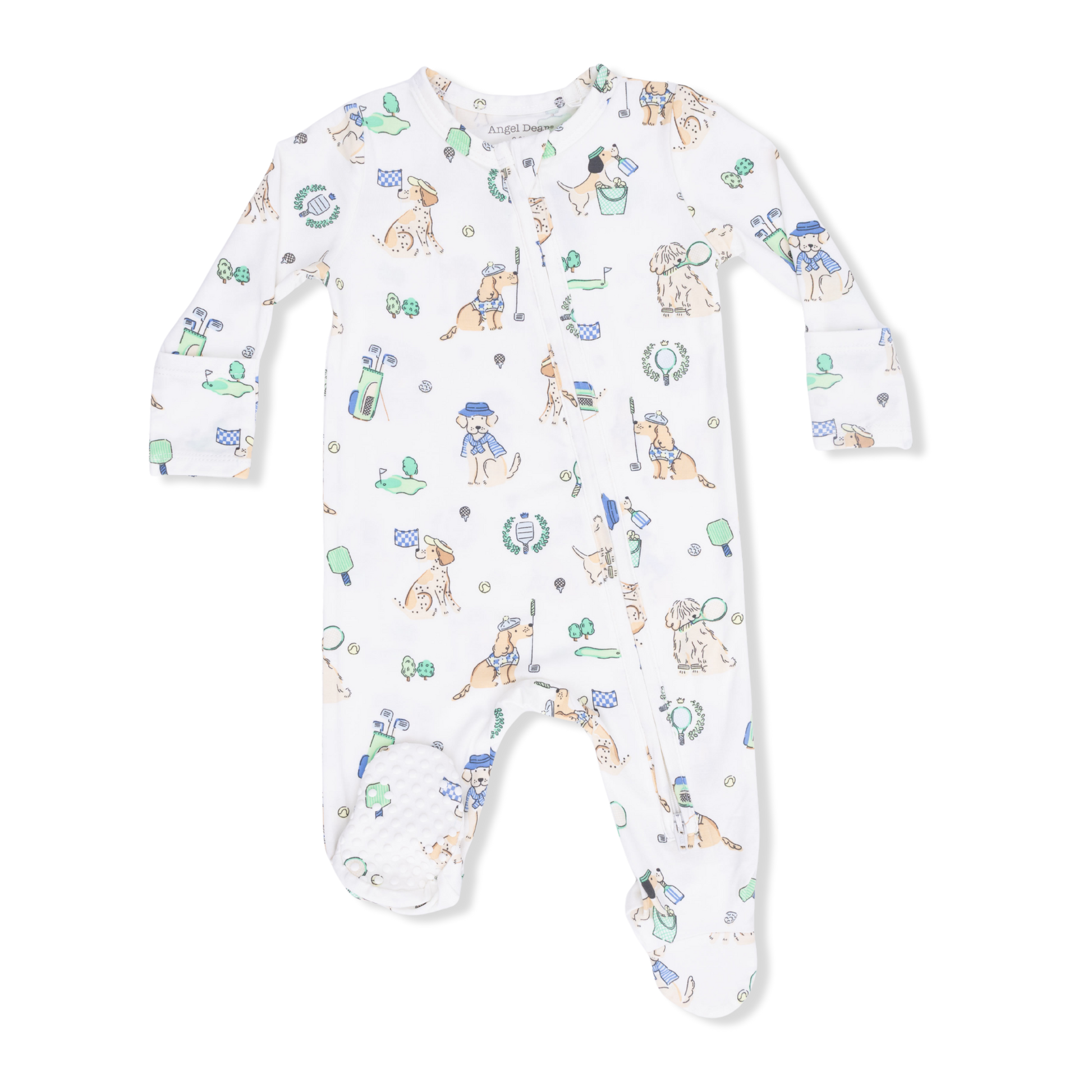 Angel Dear Country Club Dogs zip footie, cozy one-piece pajamas with dog pattern, soft fabric, perfect for comfortable sleep.
