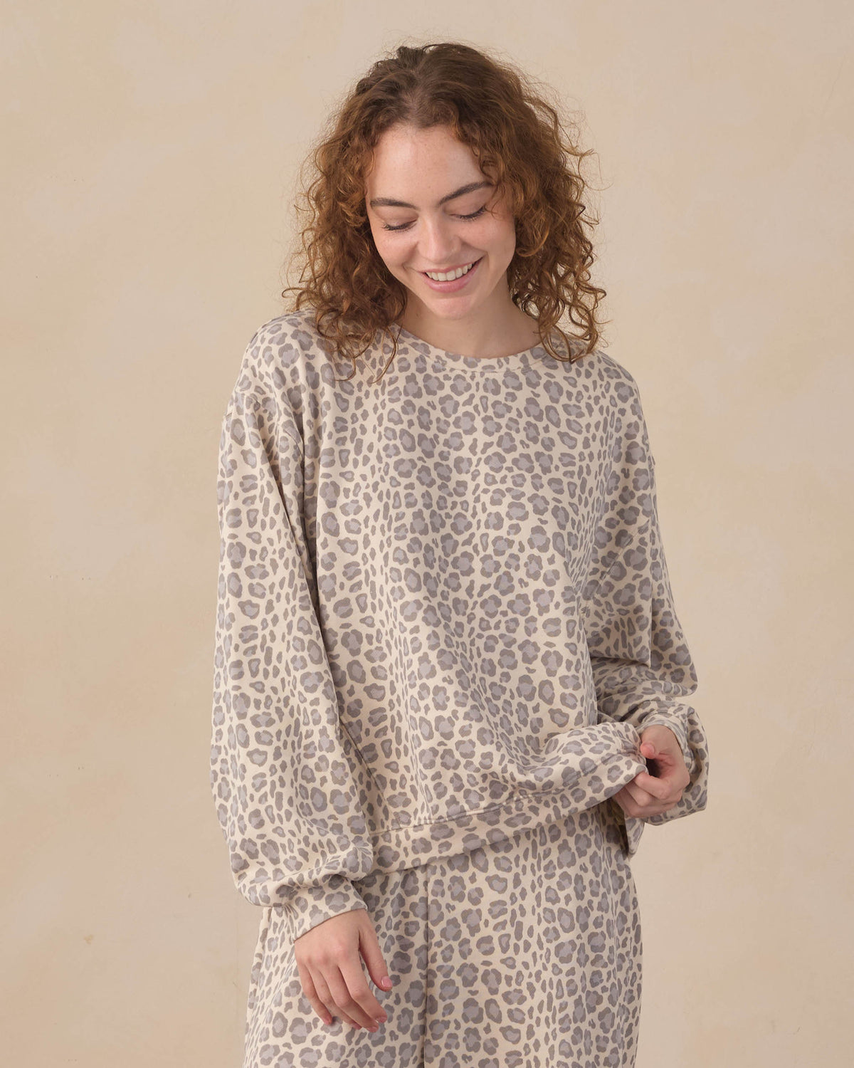 Women's blue leopard oversized sweatshirt by Rylee & Cru, featuring a relaxed fit and bold leopard print design.