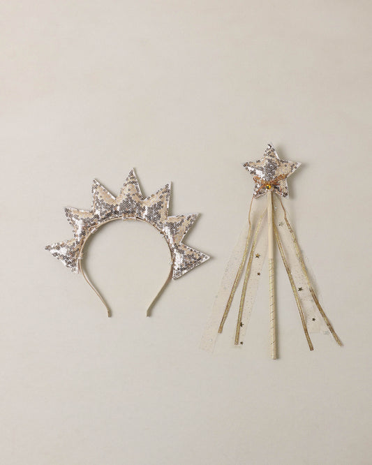 Gold sun crown and wand set by Noralee featuring a shiny gold crown with sun motifs and a matching gold wand for costume play.