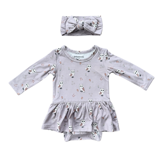 Lavender Owls Skirted Bodysuit & Headband