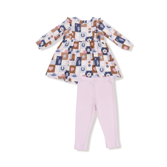 Patchwork Cowgirl Ruffle Dress & Rib Legging Set