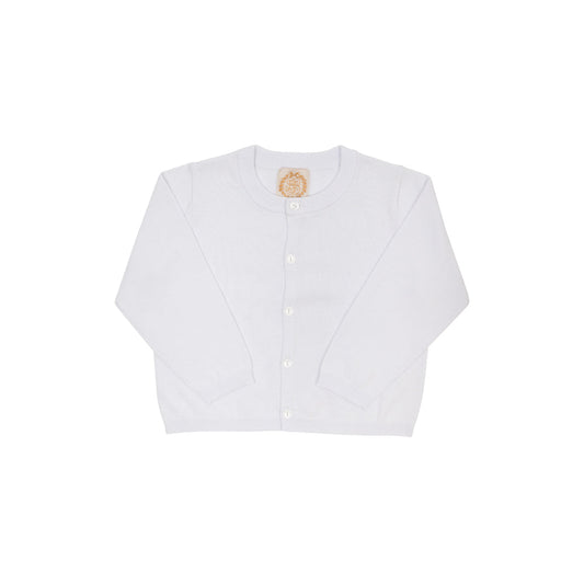 White Cambridge cardigan by The Beaufort Bonnet Company with pearlized buttons, displayed on a neutral background.