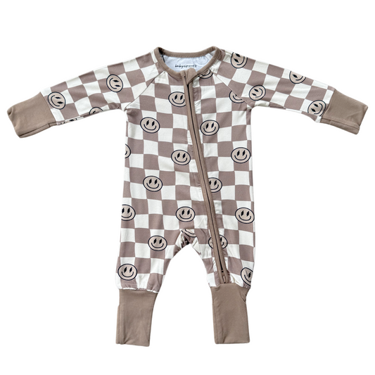 Smiley Check Portabella Long sleeve Zip Romper