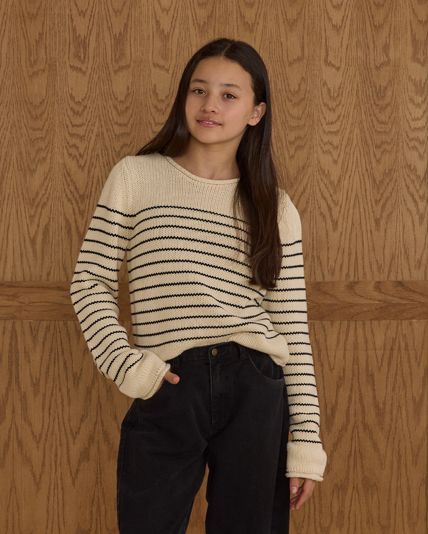 Teen Black Stripe Round Neck Sweater