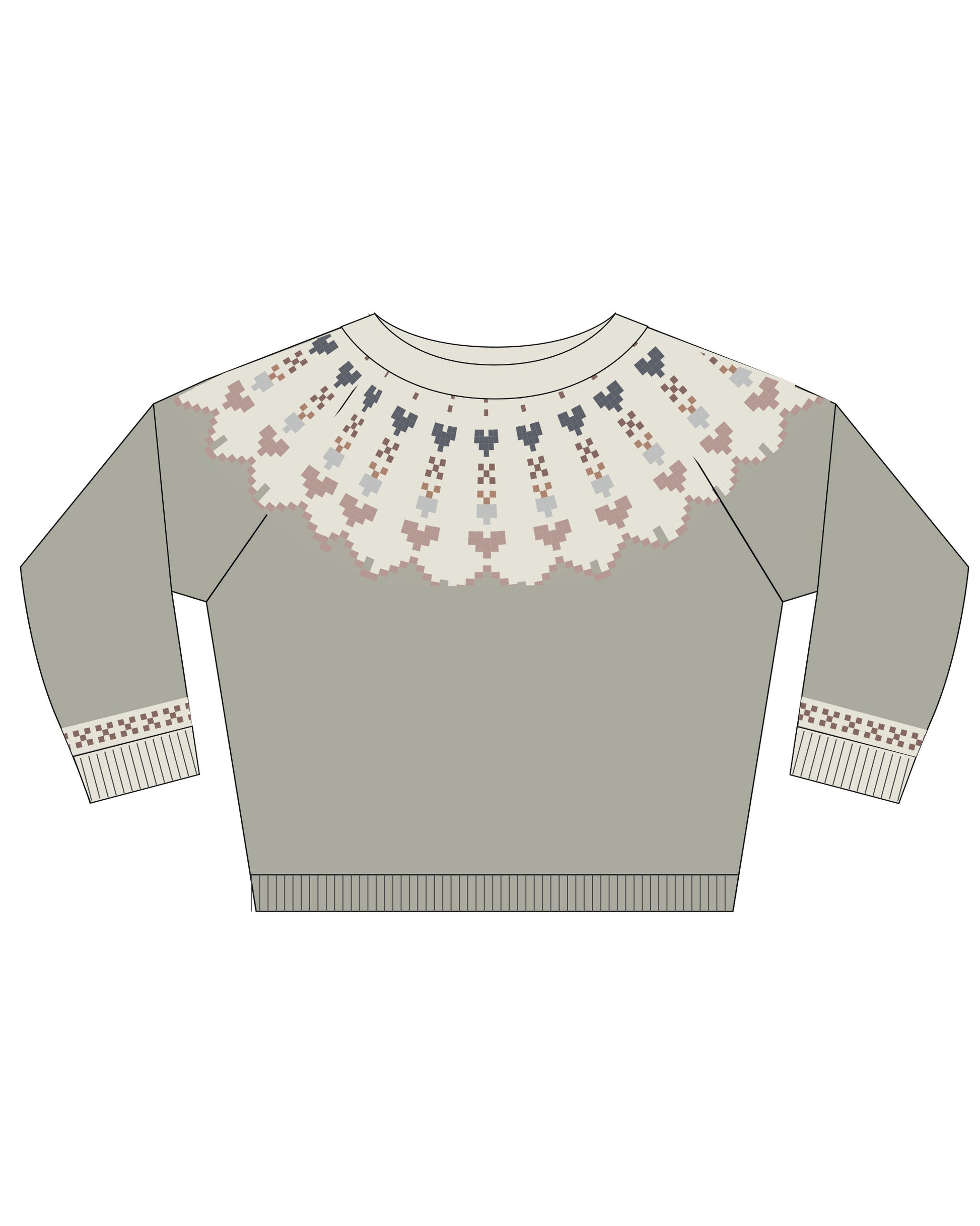 Women's sage Fair Isle sweater by Rylee & Cru featuring a cozy knit pattern and ribbed cuffs on a neutral background.